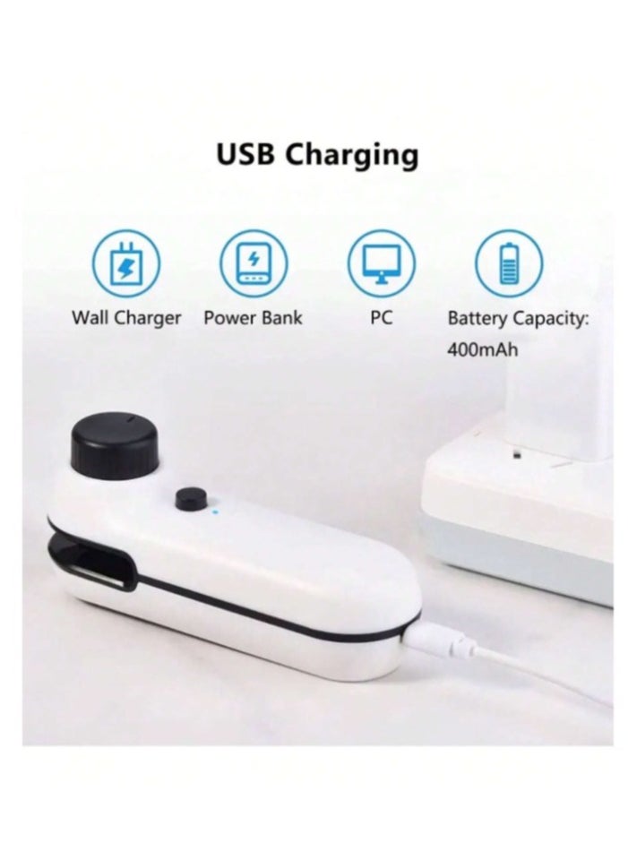 Small automatic food bag closing and opening device, rechargeable, with back magnet and safety closing button, 400 ml battery,11*3.7 CM ,White With Food Bag roll, 20 Cm * 500 Cm