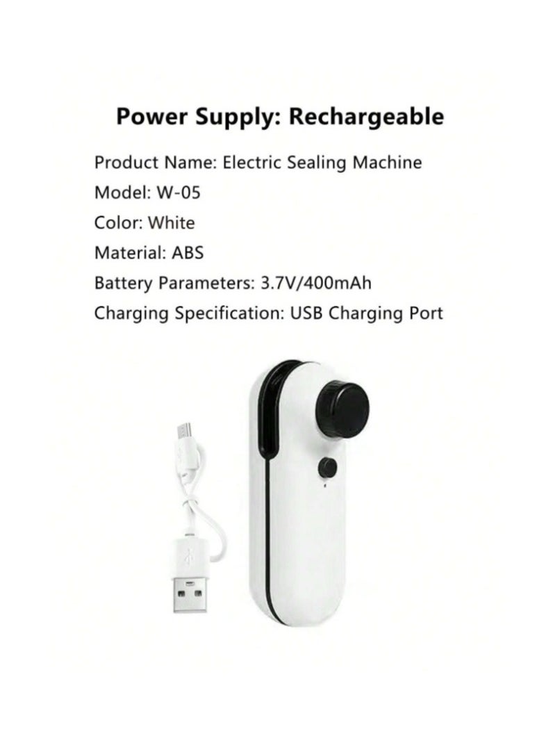 Small automatic food bag closing and opening device, rechargeable, with back magnet and safety closing button, 400 ml battery,11*3.7 CM ,White With Food Bag roll, 20 Cm * 500 Cm