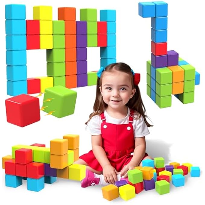 MAGNETIC BUILDING BLOCKS, 1.65 INCH LARGE MAGNETIC STACKING CUBES FOR TODDLERS, SENSORY & MONTESSORI TOYS FOR BOYS & GIRLS 1 2 3 YEARS OLD (24 PCS) - Image 1