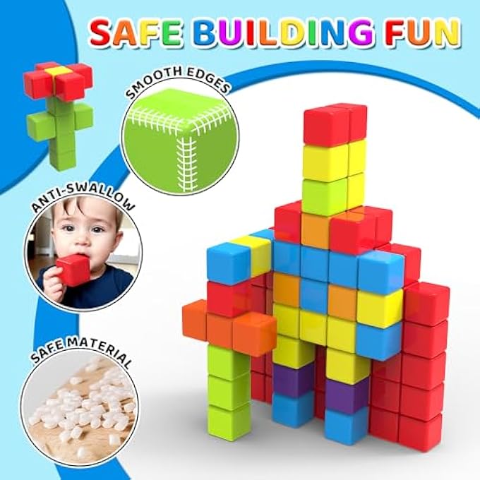 MAGNETIC BUILDING BLOCKS, 1.65 INCH LARGE MAGNETIC STACKING CUBES FOR TODDLERS, SENSORY & MONTESSORI TOYS FOR BOYS & GIRLS 1 2 3 YEARS OLD (24 PCS) - Image 3