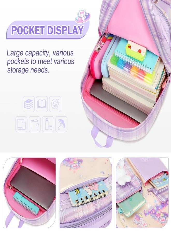 FIXITOK Girls Backpack Set, 3PCS Kids Backpack for Girls, Kawaii Bunny School Backpacks for Girls Kindergarten Elementary Preschool Middle School Bags with Lunch Box Pencil Case Purple-Plaid - Image 3
