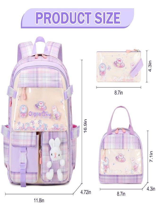 FIXITOK Girls Backpack Set, 3PCS Kids Backpack for Girls, Kawaii Bunny School Backpacks for Girls Kindergarten Elementary Preschool Middle School Bags with Lunch Box Pencil Case Purple-Plaid - Image 2
