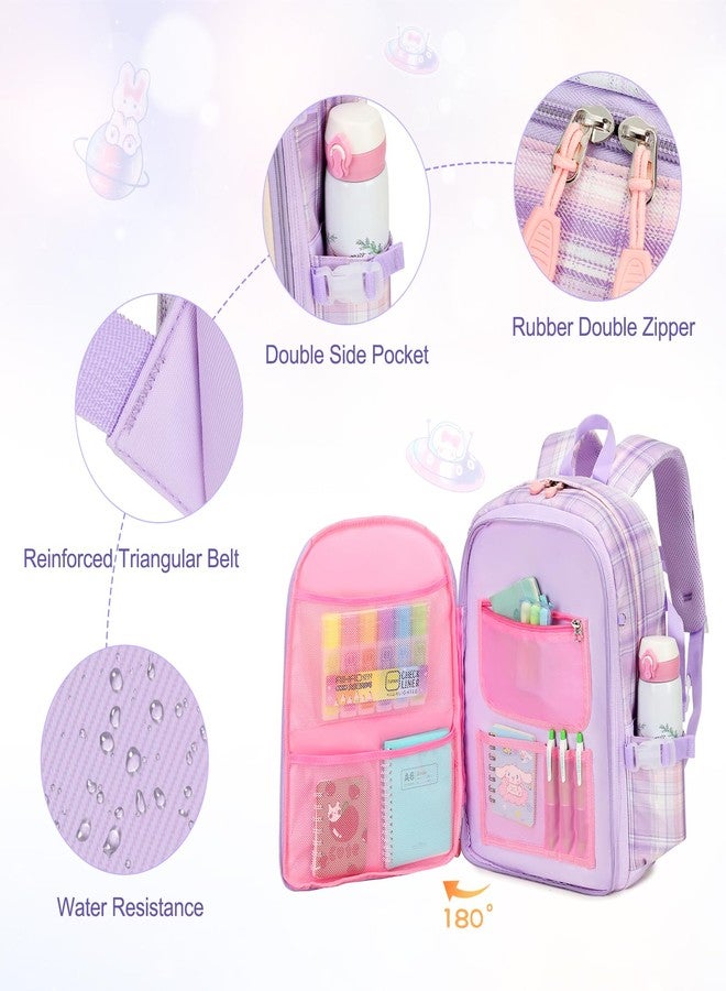 FIXITOK Girls Backpack Set, 3PCS Kids Backpack for Girls, Kawaii Bunny School Backpacks for Girls Kindergarten Elementary Preschool Middle School Bags with Lunch Box Pencil Case Purple-Plaid - Image 5