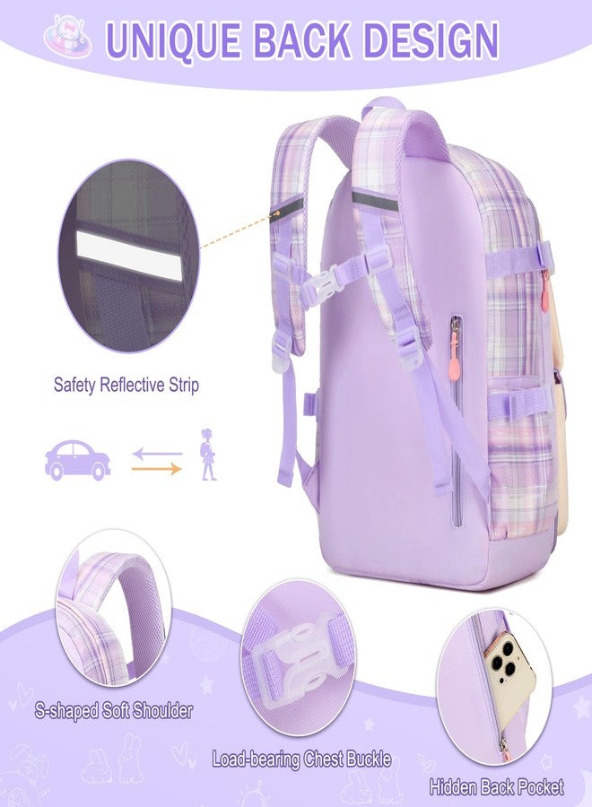 FIXITOK Girls Backpack Set, 3PCS Kids Backpack for Girls, Kawaii Bunny School Backpacks for Girls Kindergarten Elementary Preschool Middle School Bags with Lunch Box Pencil Case Purple-Plaid - Image 4