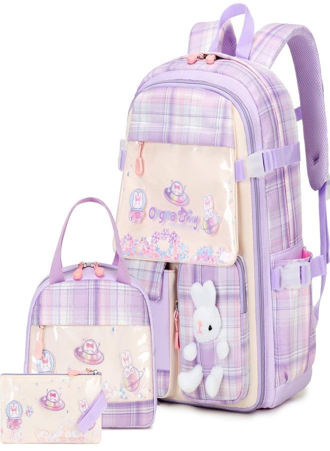 FIXITOK Girls Backpack Set, 3PCS Kids Backpack for Girls, Kawaii Bunny School Backpacks for Girls Kindergarten Elementary Preschool Middle School Bags with Lunch Box Pencil Case Purple-Plaid - Image 1