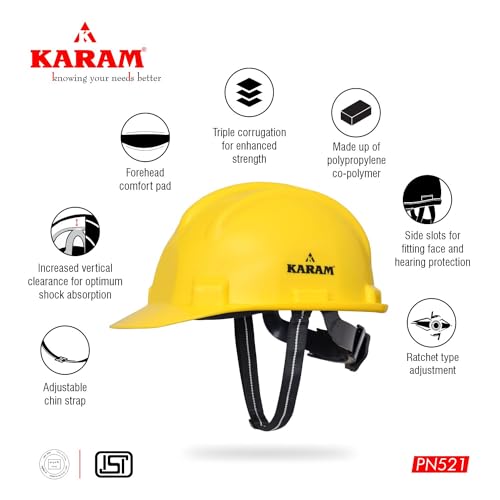 KARAM PN521 Safety Helmet for Men Construction Helmet | Ratchet Type Adjustment with Adjustable Chin Strap | Work Helmet with Side Slot for Attachment | is:2925:1984 Certified | Yellow - Image 3