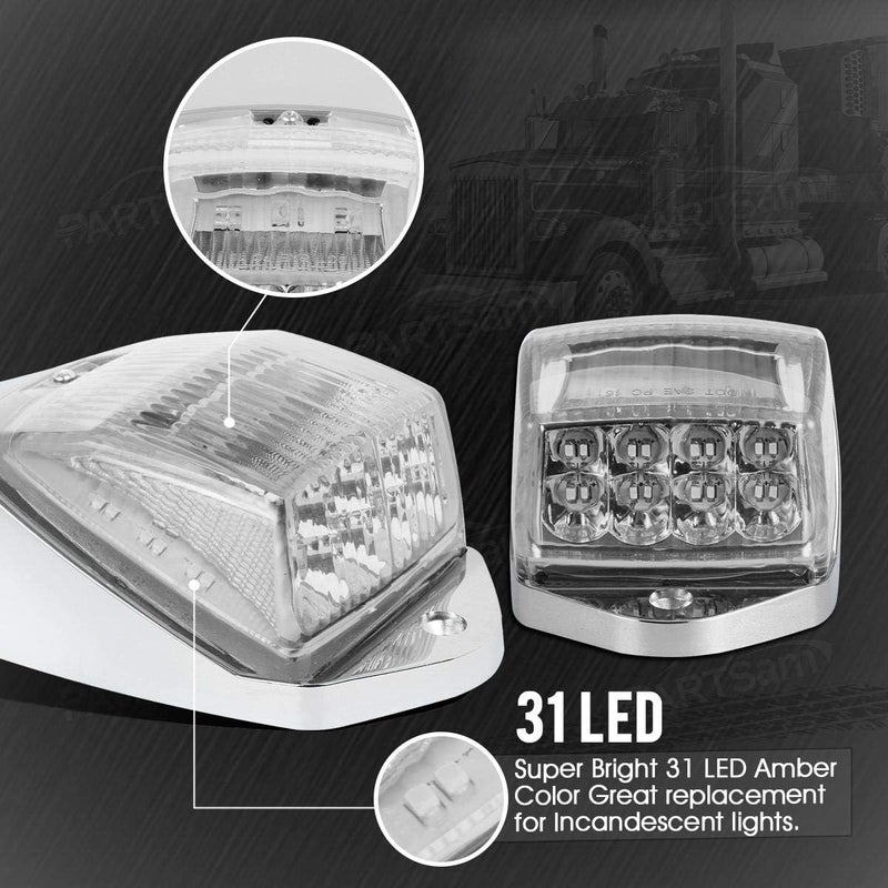 Partsam 5pcs Clear Lens 31LED Amber Cab Marker Top Roof Running Lights w/Chrome Base Compatible with Peterbilt/Kenworth/Freightliner//Western Star/Mack/International/Paccar Trailer Trucks - Image 4