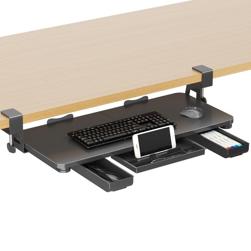 XINLEI Keyboard Tray Under Desk with Storage Drawer Large C-Clamp 26.7â€(31â€ Including Clamps) x 11.8â€ Slide-Out Platform Computer Drawer Pull Out Keyboard & Mouse Tray DSF7CT - Image 1