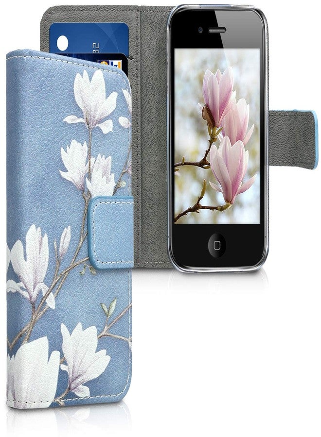 kwmobile Wallet Case Compatible with Apple iPhone 4 / 4S Case for Phone - Magnolias Taupe/White/Blue Grey - Image 1