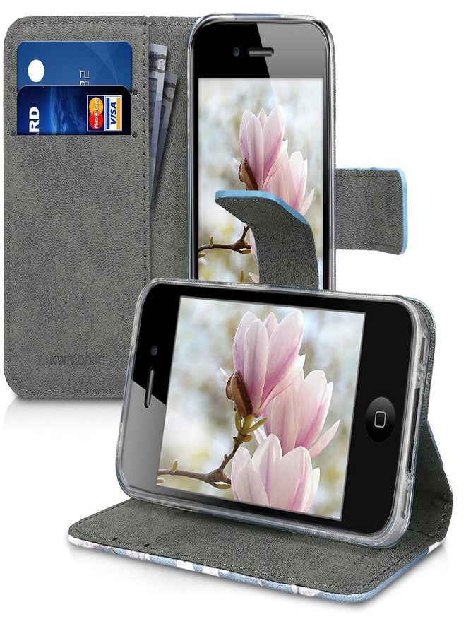 kwmobile Wallet Case Compatible with Apple iPhone 4 / 4S Case for Phone - Magnolias Taupe/White/Blue Grey - Image 4