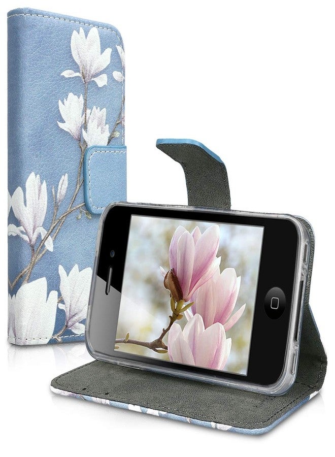 kwmobile Wallet Case Compatible with Apple iPhone 4 / 4S Case for Phone - Magnolias Taupe/White/Blue Grey - Image 5