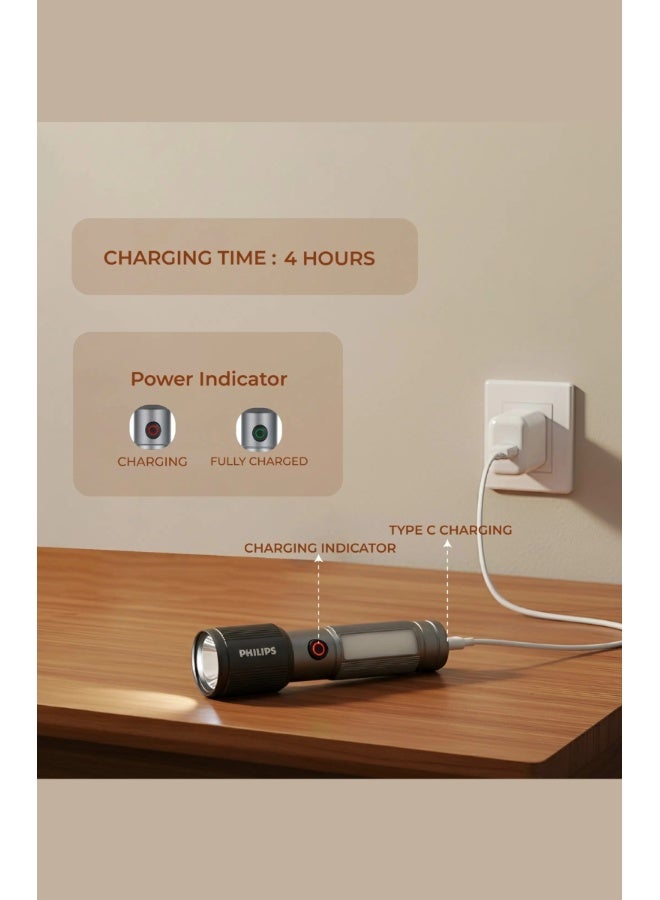 Philips Aircraft Aluminium Alloy Rechargeable LED Flashlight 330 Lumens | 325m Long Range Zoom Torch | 2000mAh Battery | Magnetic Base | SOS & Warning Light Modes | USB Type-C Outdoor Light SFL2153/56 Black & Grey - Image 5