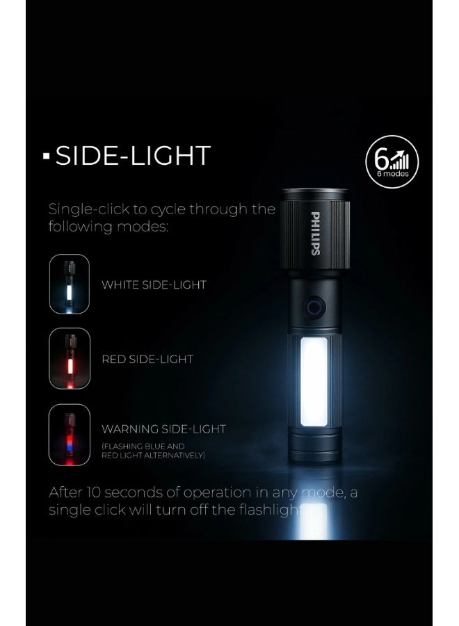 Philips Aircraft Aluminium Alloy Rechargeable LED Flashlight 330 Lumens | 325m Long Range Zoom Torch | 2000mAh Battery | Magnetic Base | SOS & Warning Light Modes | USB Type-C Outdoor Light SFL2153/56 Black & Grey - Image 3