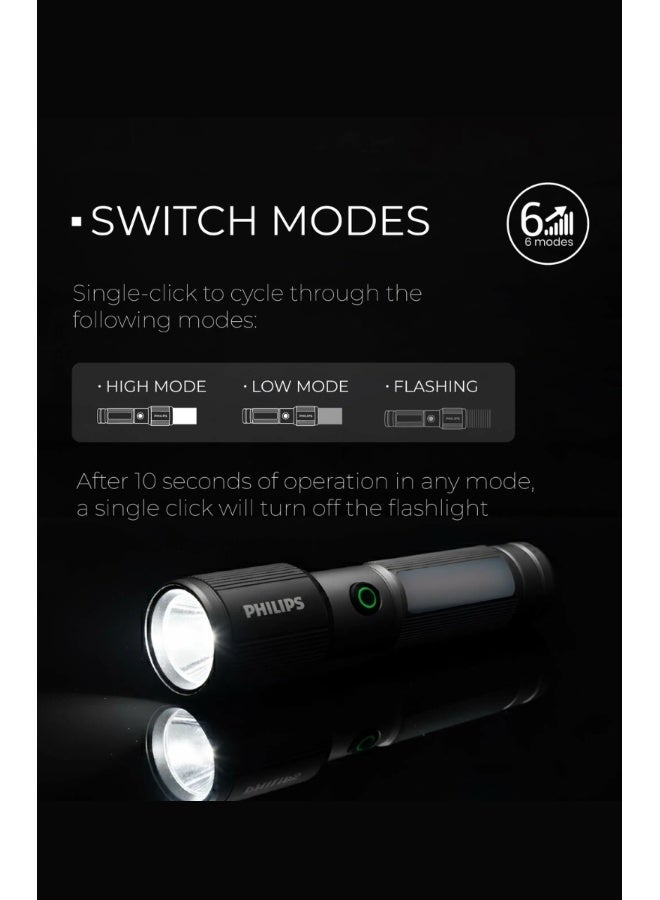 Philips Aircraft Aluminium Alloy Rechargeable LED Flashlight 330 Lumens | 325m Long Range Zoom Torch | 2000mAh Battery | Magnetic Base | SOS & Warning Light Modes | USB Type-C Outdoor Light SFL2153/56 Black & Grey - Image 2