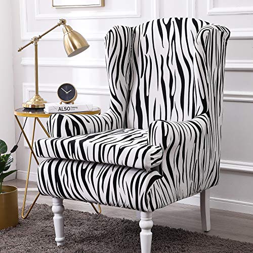 YBENWL Wing Chair Covers 2 Pieces Zebra Striped Stretch Wingback Chair Slipcovers Elastic Polyester Spandex Fabric Stretch Sofa Armchair Slipcovers Washable Furniture Protector White