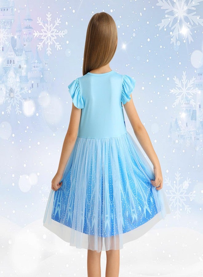 HenzWorld Dress up for Girls Princess Dresses Costume for Toddlers Party Birthday Tulle Dress Halloween Costumes Birthday Gift 3-4T, Blue White Kids Short Flutter Sleeve Tulle Tutu Dresses - Image 3