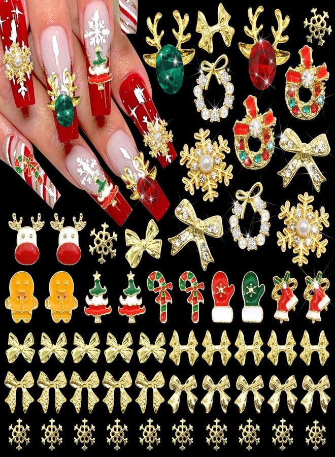 BELICEY 52Pcs Christmas Nail Charms - Gold 3D Bow Snowflake Elk Charms with Gems Rhinestones Accessories Metal Nail Art Supplies Winter Holiday Decorations - Image 1