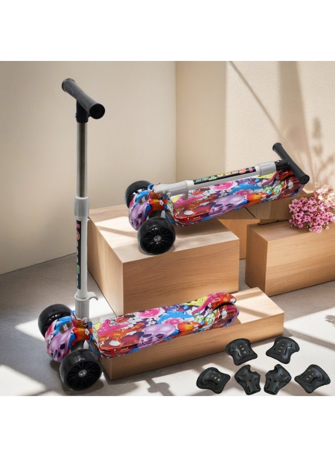 سكوتر للأطفال بمقبض قابل للطي وتعديل الارتفاع وعجلات LED PU وفرامل خلفية وسكوتر للأطفال من 3 إلى 8 سنوات بما في ذلك مجموعة معدات الحماية - Image 1