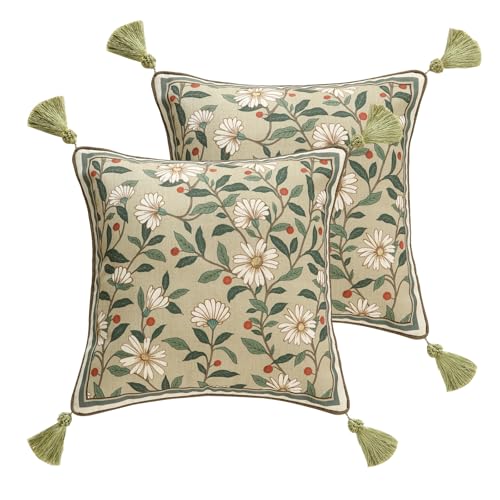 ISAENNE Design Square Green Floral Linen Throw Pillow Covers 18x18 Pack of 2 White Simple Elegant Daisy Pattern Cushion Covers Decor Pillowcases for BedLiving RoomOutdoorCar - Image 1