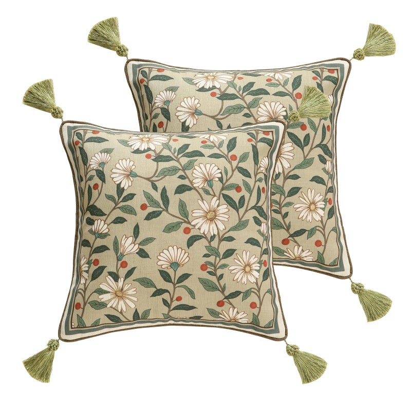 ISAENNE Design Square Green Floral Linen Throw Pillow Covers 18x18 Pack of 2 White Simple Elegant Daisy Pattern Cushion Covers Decor Pillowcases for BedLiving RoomOutdoorCar - Image 2