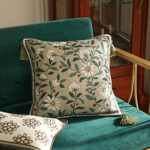 ISAENNE Design Square Green Floral Linen Throw Pillow Covers 18x18 Pack of 2 White Simple Elegant Daisy Pattern Cushion Covers Decor Pillowcases for BedLiving RoomOutdoorCar - Image 3