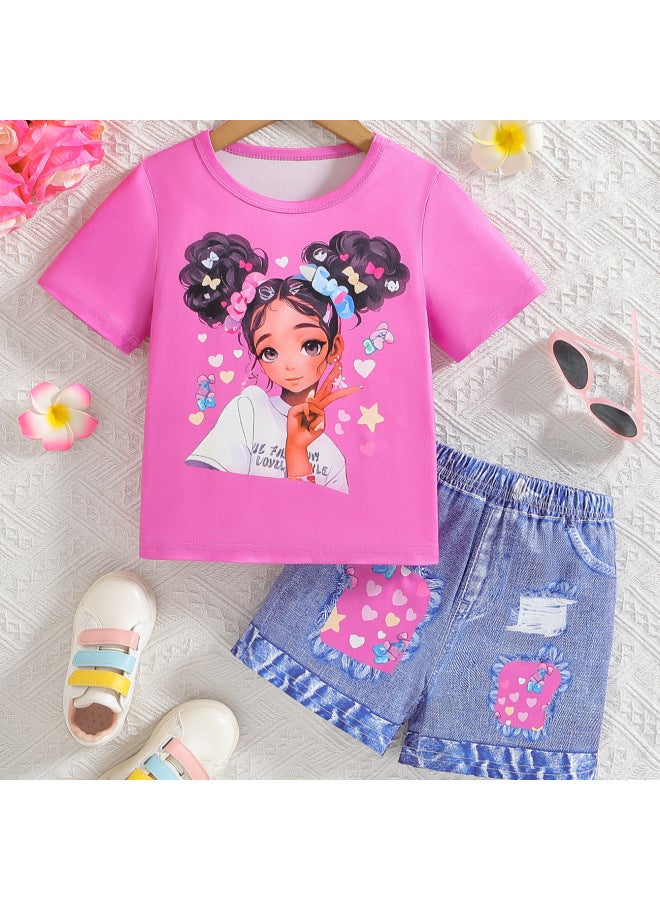 Baby Girl Summer Style Heat Transfer Cartoon Round Neck Pullover Short-sleeved Top Shorts Suit