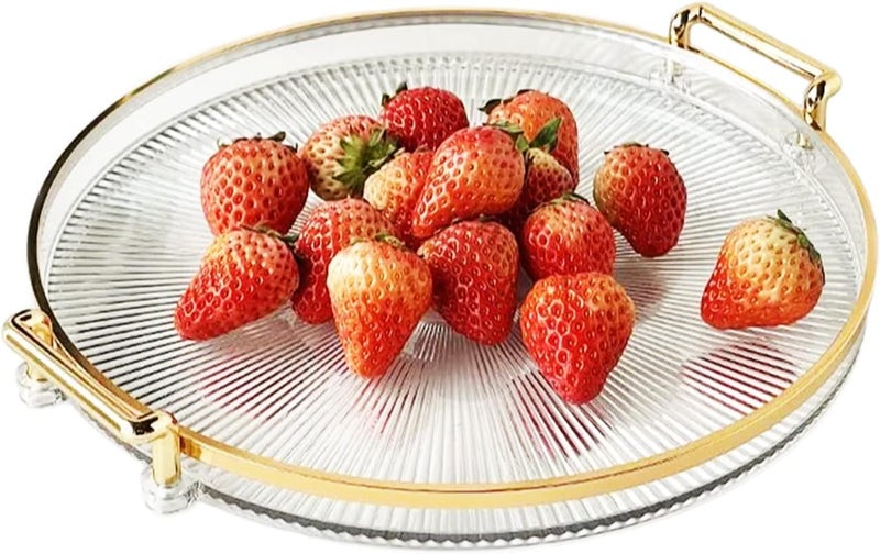 Deoxys Round Serving Tray with Acrylic Handles, Gold Decorative Tray for Coffee Table Centerpiece Kitchen Large Coffee Tea Serving Trays Makeup Candle Holder Organizer (Clear) - Image 1