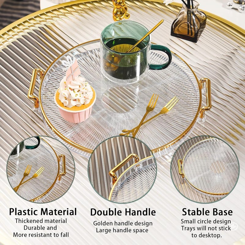 Deoxys Round Serving Tray with Acrylic Handles, Gold Decorative Tray for Coffee Table Centerpiece Kitchen Large Coffee Tea Serving Trays Makeup Candle Holder Organizer (Clear) - Image 2