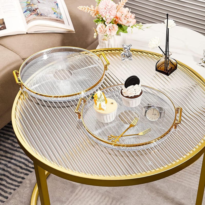 Deoxys Round Serving Tray with Acrylic Handles, Gold Decorative Tray for Coffee Table Centerpiece Kitchen Large Coffee Tea Serving Trays Makeup Candle Holder Organizer (Clear) - Image 3