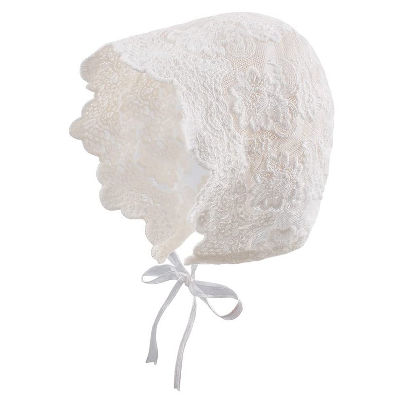 Zsedrut Baby Girl Bonnet Eyelet Lace Cotton Christening Bonnet Toddler Handmade Beanie Sun Protection Hat with Pearl Bow Big Flowers 03M 