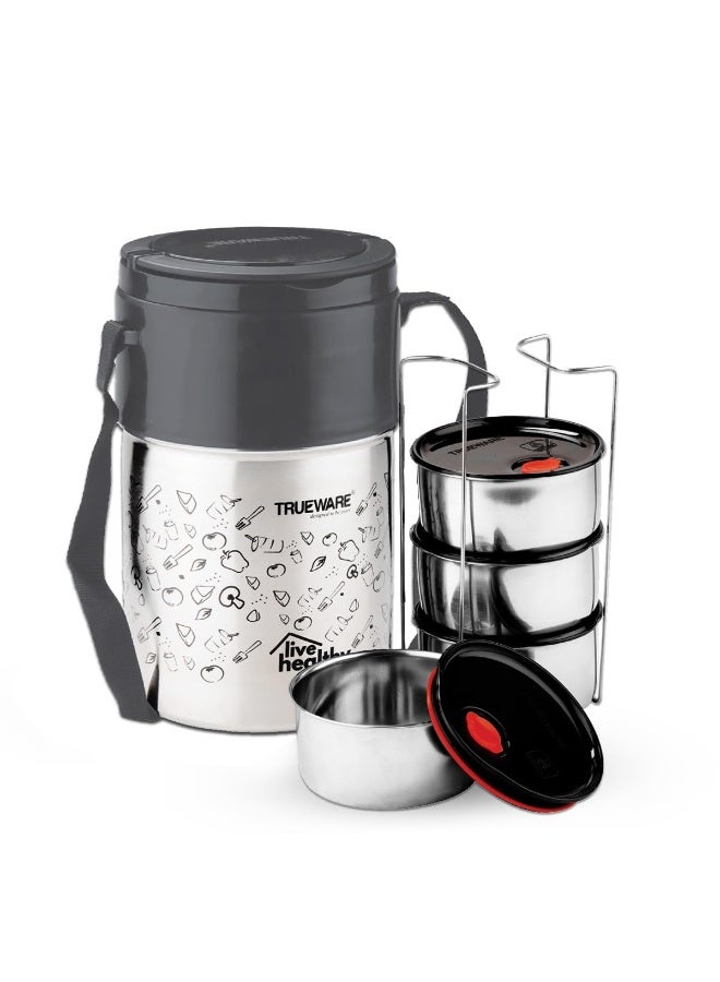 Trueware Steelex 4 Lunch Box with 4 Stainless Steel Container,300ml X4 | Grey | PU Insulated | Lunch Box | Tiffin | Hot Lunch Box | Leak Proof | Food Grade | BPA Free | Office | for Men, Women - Image 1