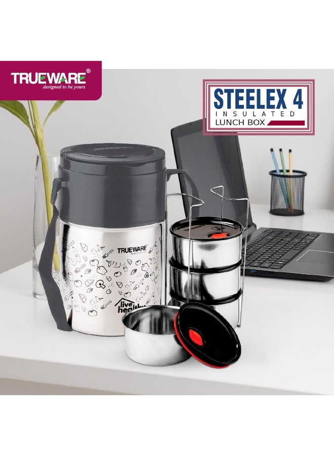 Trueware Steelex 4 Lunch Box with 4 Stainless Steel Container,300ml X4 | Grey | PU Insulated | Lunch Box | Tiffin | Hot Lunch Box | Leak Proof | Food Grade | BPA Free | Office | for Men, Women - Image 2