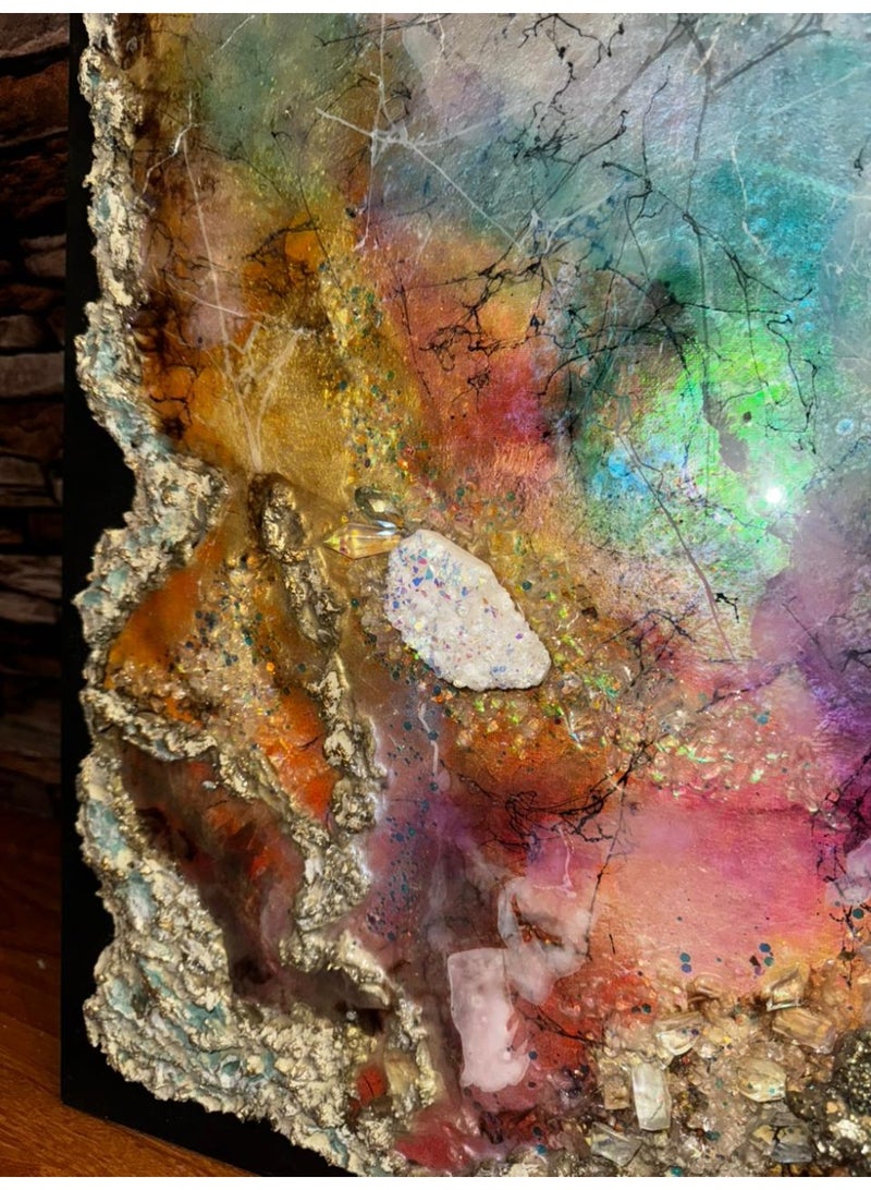 Opal Stone Texture Art with Pyrite Crystals – Abstract Marble Wall Painting on Canvas - Image 3
