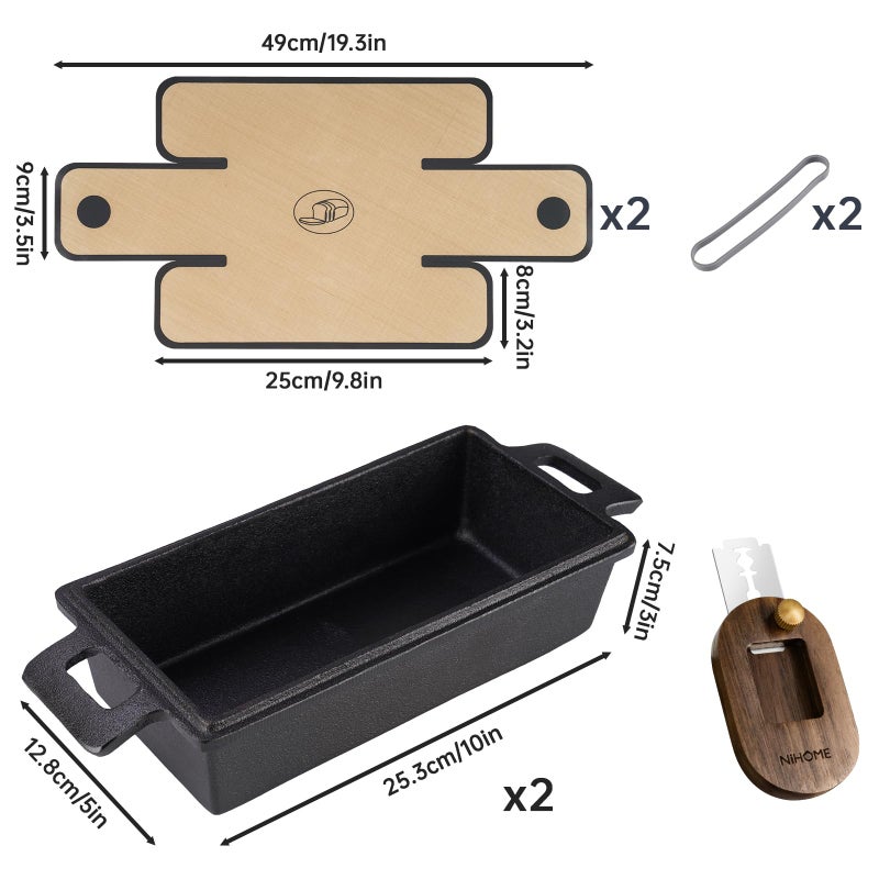 NiHome Cast Iron Bread Pan Set with Lid, 2 Loaf Pans + 2 Silicone Mats + Bread Lame, Heavy-Duty Cast Iron for Even Heat & Crisp Crust, Dual-Pan Design for Covered or Open Baking, Dishwasher-Safe Mats - Image 4