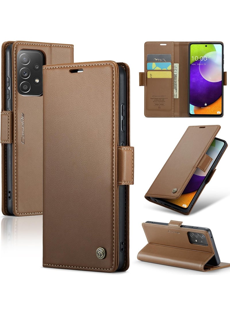 CaseMe Phone Case Luxury PU Leather Design Anti Fingerprint 023 Flip Cover Card Slot Holder Cover For Samsung Galaxy A52 / A52s (Brown) - Image 1