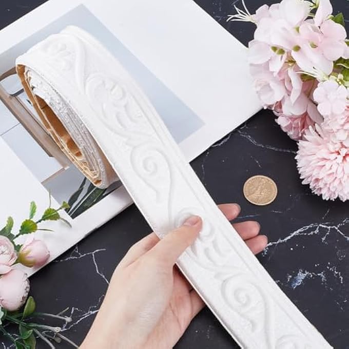 CROWN MOLDING PEEL AND STICK 3D FOAM WALL TRIM, WHITE SELF-ADHESIVE DECORATIVE WALLPAPER BORDER, FLEXIBLE BASEBOARD EDGING FOR MIRROR, WALL, HOTEL DIY DECOR, 88 X 2 INCH - Image 2