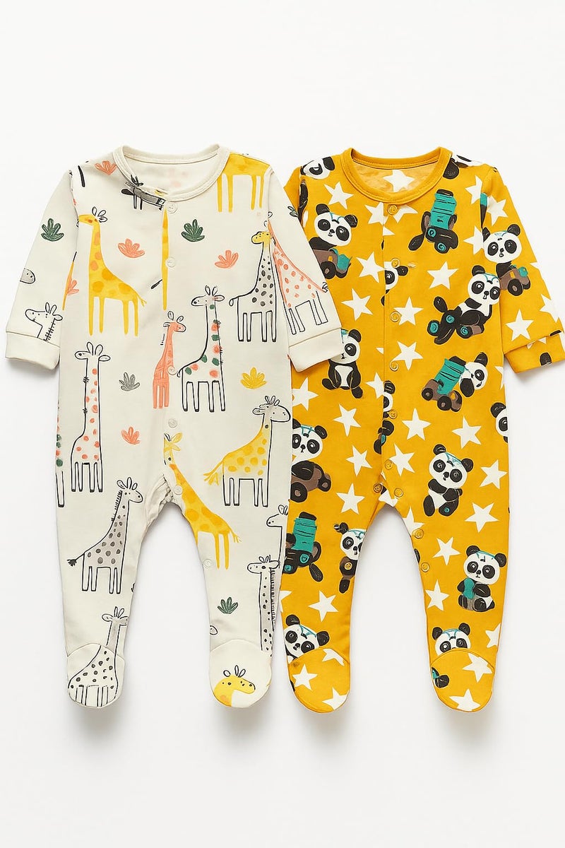 TuddyBuddy 100% Cotton Multi Color Romper Sleepsuit/Romper/Jumpsuit for Baby Boy (2 Pcs Sleepsuits - Giraffe & Panda, 3-6 Months) - Image 3