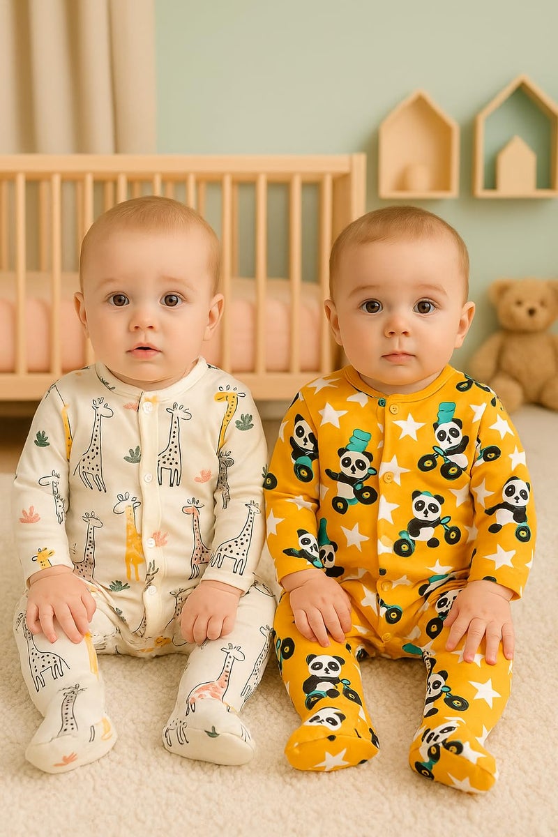 TuddyBuddy 100% Cotton Multi Color Romper Sleepsuit/Romper/Jumpsuit for Baby Boy (2 Pcs Sleepsuits - Giraffe & Panda, 3-6 Months) - Image 2