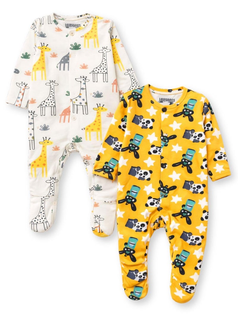 TuddyBuddy 100% Cotton Multi Color Romper Sleepsuit/Romper/Jumpsuit for Baby Boy (2 Pcs Sleepsuits - Giraffe & Panda, 3-6 Months) - Image 1