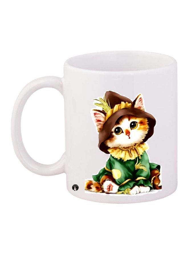 RYN Cat Printed Coffee Mug White/Green/Brown 11ounce