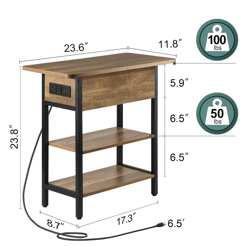 Yoobure End Table with Charging Station, Flip Top Side Table with USB Ports and Outlets, Sofa Couch Table Bedside Table for Living Room Bedroom, Narrow Nightstand with Storage Shelves for Small Space - Image 4