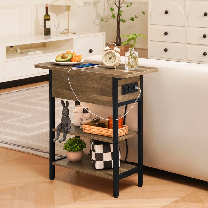 Yoobure End Table with Charging Station, Flip Top Side Table with USB Ports and Outlets, Sofa Couch Table Bedside Table for Living Room Bedroom, Narrow Nightstand with Storage Shelves for Small Space - Image 3