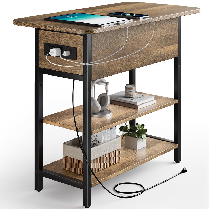 Yoobure End Table with Charging Station, Flip Top Side Table with USB Ports and Outlets, Sofa Couch Table Bedside Table for Living Room Bedroom, Narrow Nightstand with Storage Shelves for Small Space - Image 1