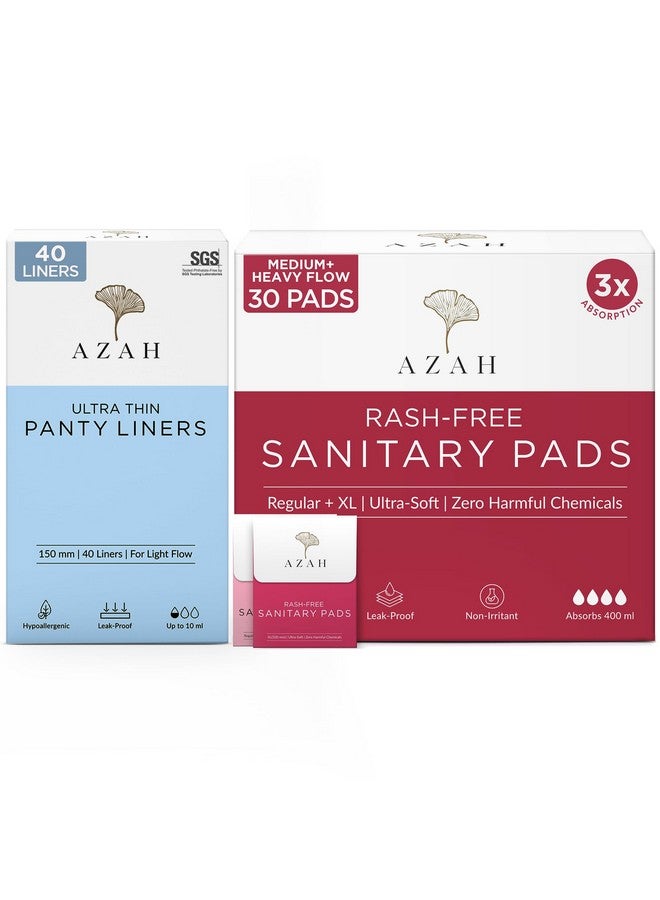 AZAH Azah Rash free Sanitary pads + Ultra soft panty liners | Sanitary combo pack for women | Pack of 20 Regular + 10 XL (with disposable bags) organic cotton pads and 40 liners | Made Safe Certified - Image 1