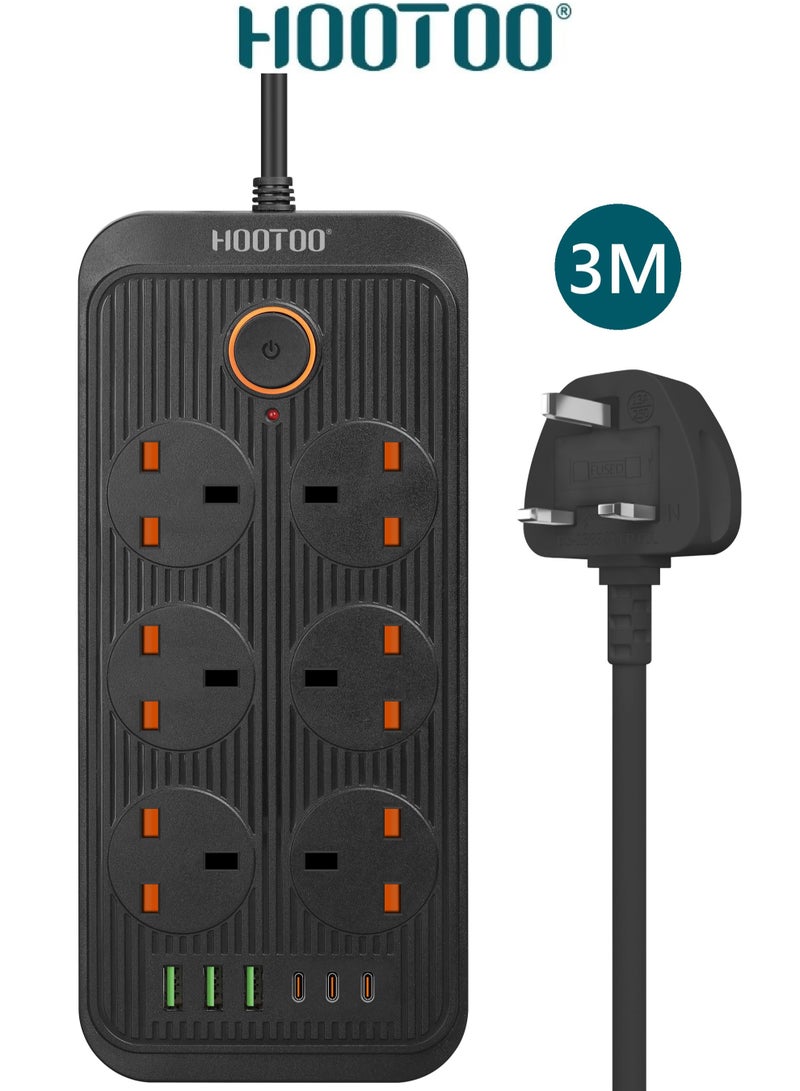 هوتو توصيلة كهربائيه بطول 3 متر. وصلة كهرباء بست مقابس كهرباء و 6 منافذ شحن ( 3 شاحن تايب سي & 3 يو اس بي). مشترك كهرباء بقدرة عالية 3000 واط. توصيله كهربائيه ذكيه بنظام حماية ضد الجهد الزائد والحرارة. محول كهرباء بزر تشغيل للامان. أسود - Image 1