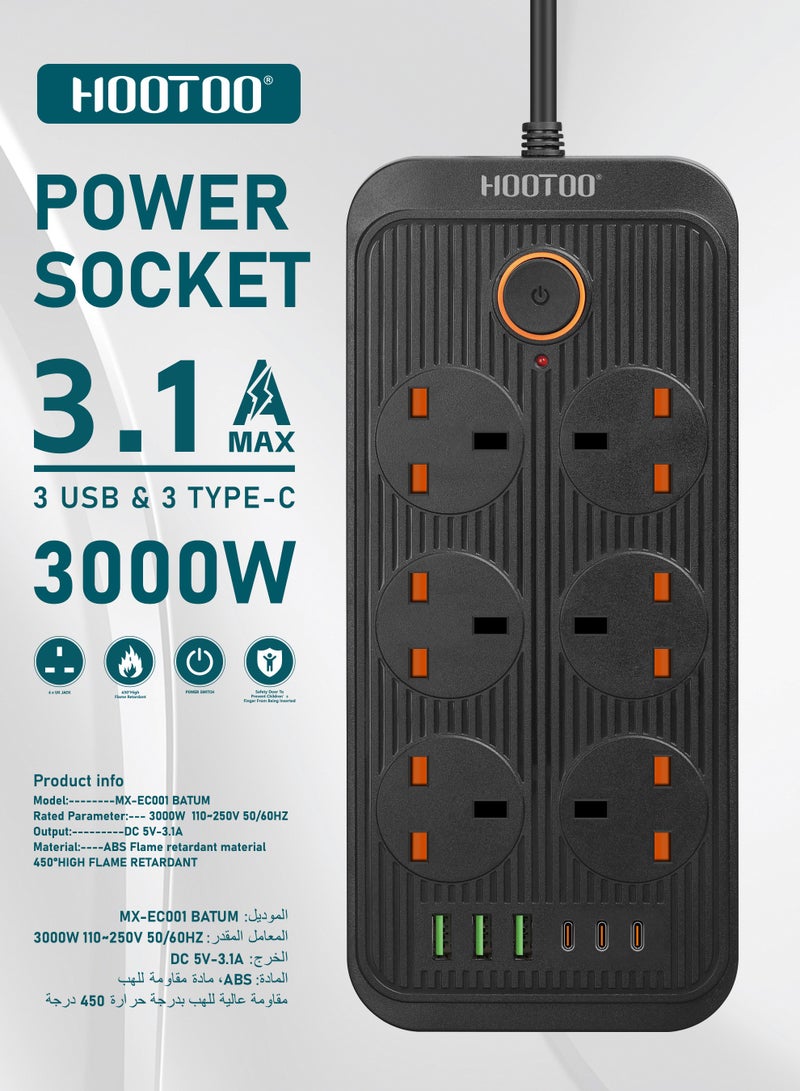 هوتو توصيلة كهربائيه بطول 3 متر. وصلة كهرباء بست مقابس كهرباء و 6 منافذ شحن ( 3 شاحن تايب سي & 3 يو اس بي). مشترك كهرباء بقدرة عالية 3000 واط. توصيله كهربائيه ذكيه بنظام حماية ضد الجهد الزائد والحرارة. محول كهرباء بزر تشغيل للامان. أسود - Image 2