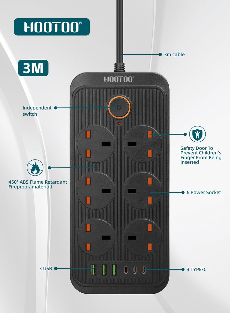 هوتو توصيلة كهربائيه بطول 3 متر. وصلة كهرباء بست مقابس كهرباء و 6 منافذ شحن ( 3 شاحن تايب سي & 3 يو اس بي). مشترك كهرباء بقدرة عالية 3000 واط. توصيله كهربائيه ذكيه بنظام حماية ضد الجهد الزائد والحرارة. محول كهرباء بزر تشغيل للامان. أسود - Image 3
