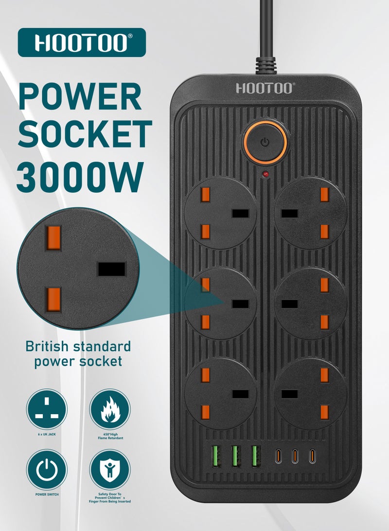 هوتو توصيلة كهربائيه بطول 3 متر. وصلة كهرباء بست مقابس كهرباء و 6 منافذ شحن ( 3 شاحن تايب سي & 3 يو اس بي). مشترك كهرباء بقدرة عالية 3000 واط. توصيله كهربائيه ذكيه بنظام حماية ضد الجهد الزائد والحرارة. محول كهرباء بزر تشغيل للامان. أسود - Image 4