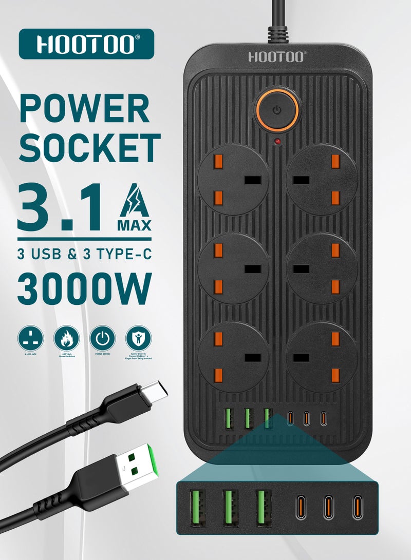 هوتو توصيلة كهربائيه بطول 3 متر. وصلة كهرباء بست مقابس كهرباء و 6 منافذ شحن ( 3 شاحن تايب سي & 3 يو اس بي). مشترك كهرباء بقدرة عالية 3000 واط. توصيله كهربائيه ذكيه بنظام حماية ضد الجهد الزائد والحرارة. محول كهرباء بزر تشغيل للامان. أسود - Image 5