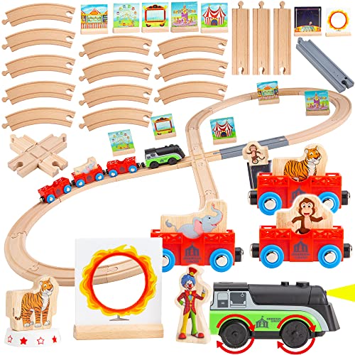 Orbrium Wooden Train Set Magnetic Battery Operated Train Car with Wooden Tracks Electric Lighted Train Sound Track Safari Circus Animal Compatible Thomas Brio for Grandkids Kids Toddlers - Image 1